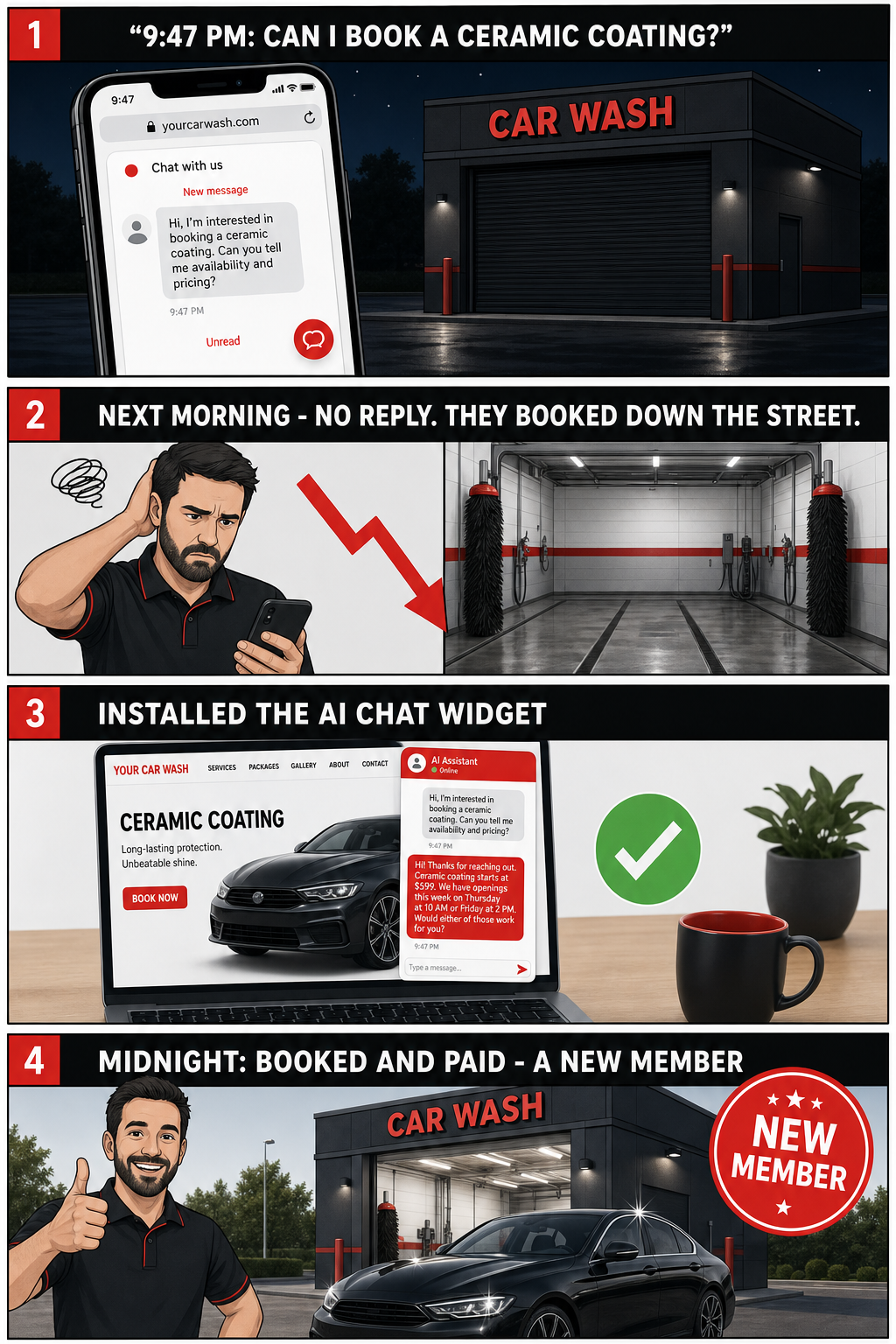 Four-panel story: at 9:47 PM a customer sends a website chat asking to book a ceramic coating; the next morning there's no reply so they booked down the street; after installing the AI chat widget the bot instantly answers with pricing and openings; by midnight the job is booked and paid and the customer is a new member