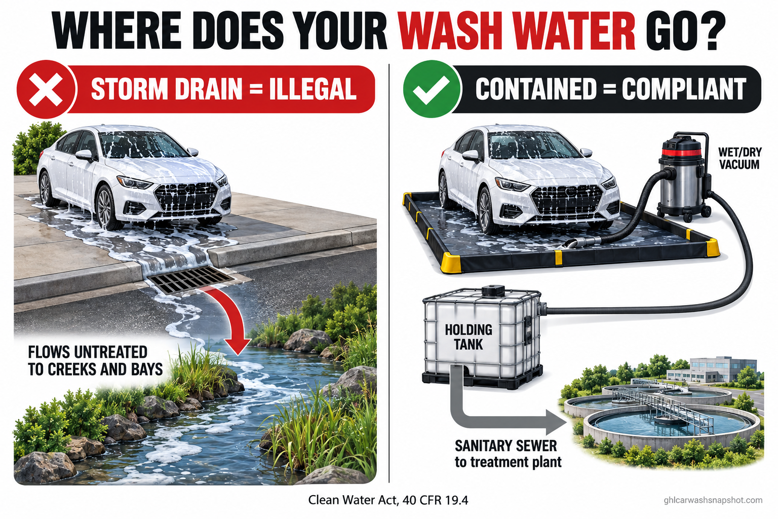 Infographic showing where mobile detailing wash water goes: soapy runoff into a storm drain flows untreated to a creek and is illegal under the Clean Water Act, while a contained wash mat with a wet vacuum draining to the sanitary sewer is compliant