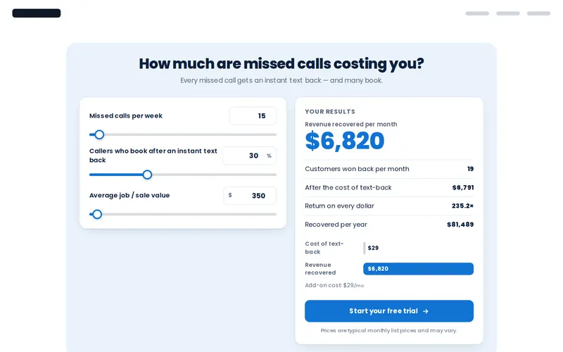 Missed call text-back calculator estimating the value of unanswered calls