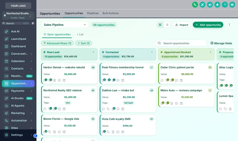 GoHighLevel opportunities board with the Emerald Calm design: soft green tinted lanes and white cards