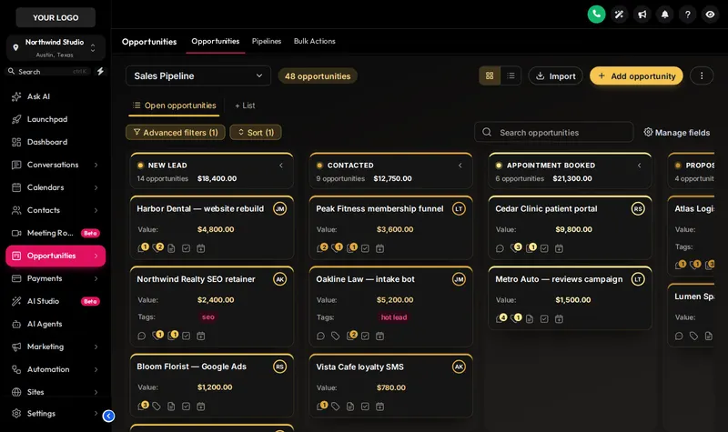 GoHighLevel opportunities board in Obsidian Gold: dark lanes with gold stage headers