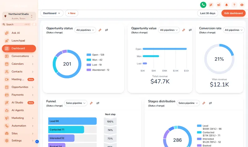 GoHighLevel with the Sunset Coral theme using the Rounded Pill UI kit: very round cards and pill buttons